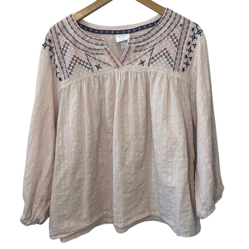 Knox Rose Boho Peasant Embroidered Long Sleeve Beige/ Blush Cotton Tunic Top XL
